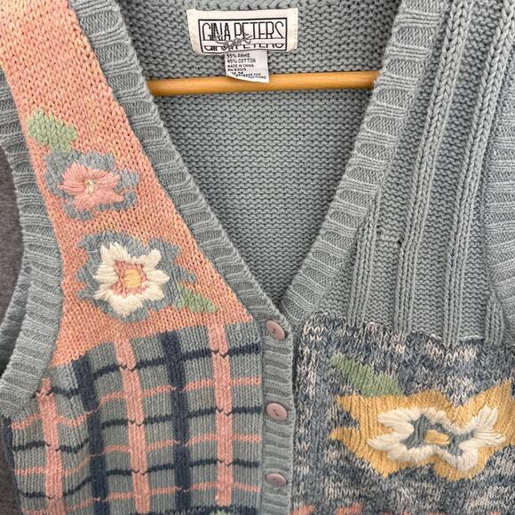 Gina Peters VIntage Embroidered Pink Blue Floral Patchwork Sweater Vest Women M - Picture 4 of 7
